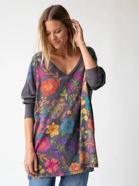 One Size Cotton Long Sleeve Easy V-Neck Tee - Charcoal Floral Durable Knit Structure Comfy Pieces