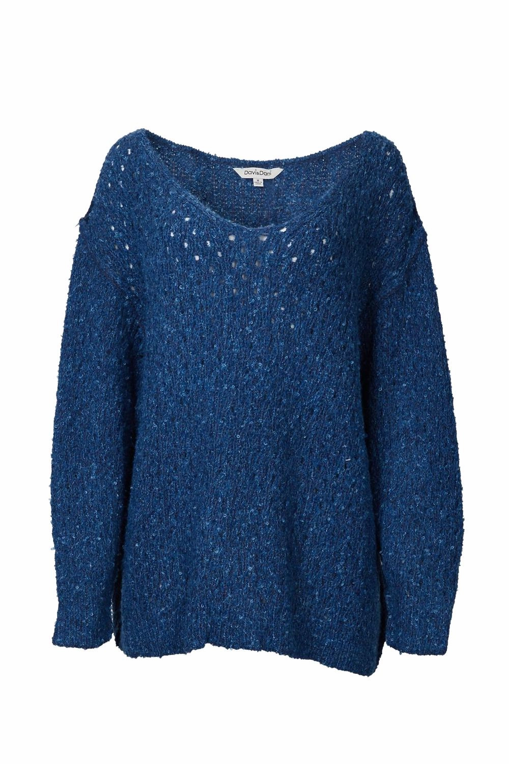 Open-Knit V-Neck Jumper In Teal Lightweight Merino Warm Knit Design