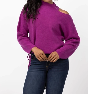 Open Shoulder Sweater In Berry Ribbed Hem Quick Wear