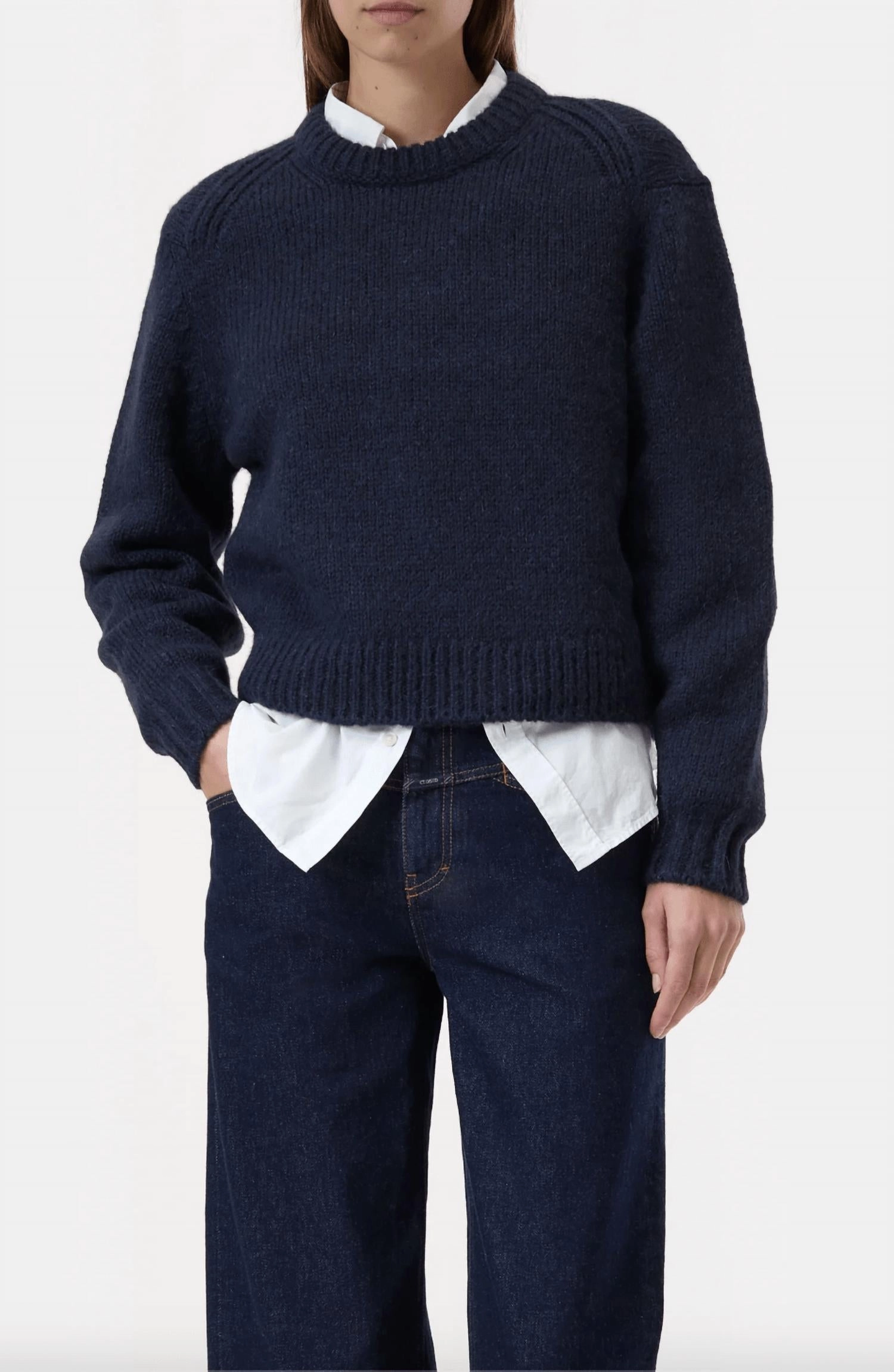 Casual Cozy Functional Wear Cropped Crewneck Sweater In Dark Night