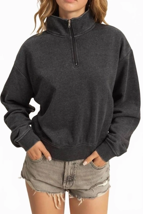 Soft Texture Elegant Knit Brushed Terry Zip Up Top In Black