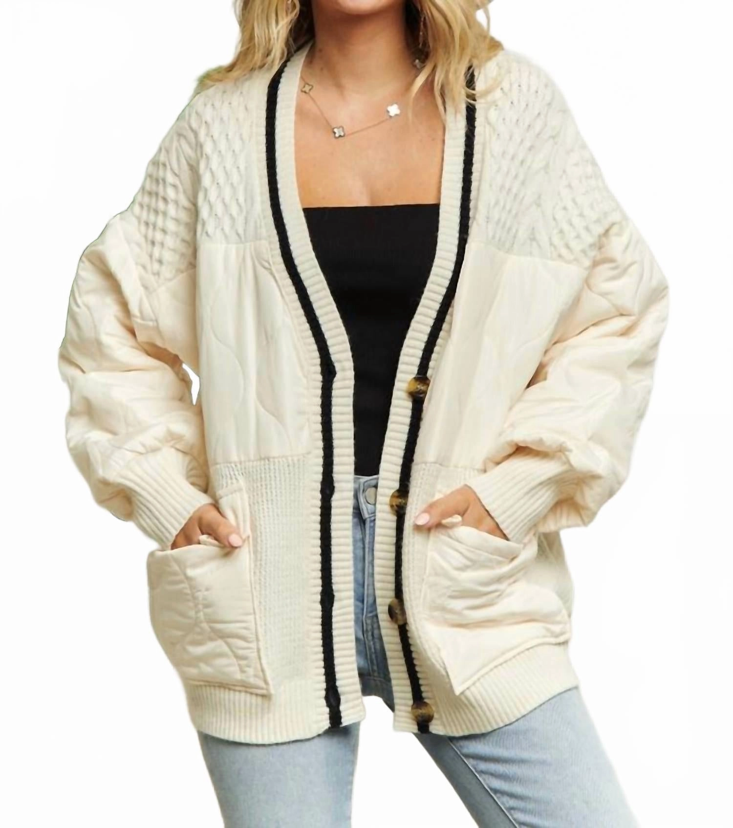 Seamless Construction Design Button Down Quilted Sweater Cardigan In Off White