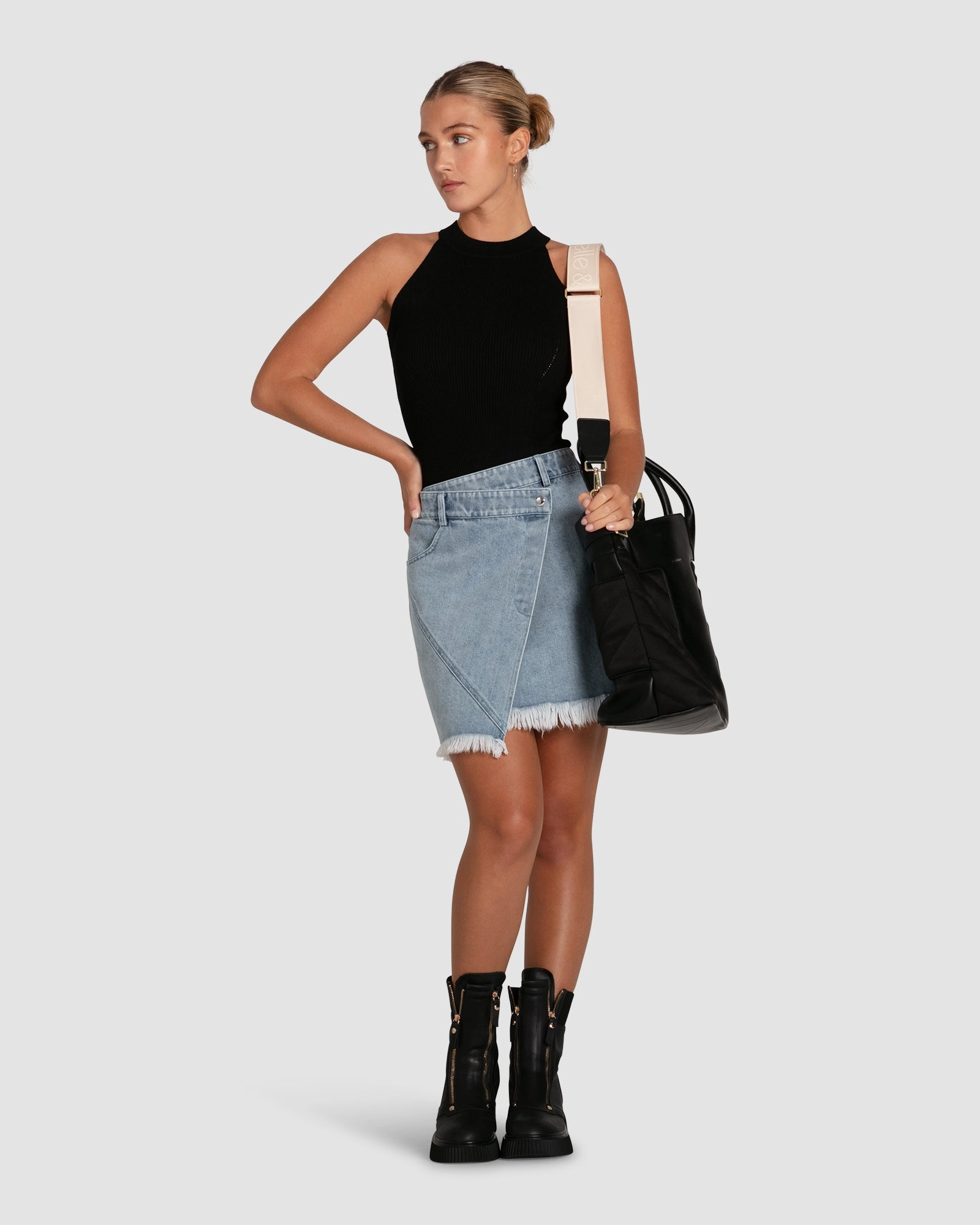 Dance With Me Denim Mini Skirt Functional Detail Flexible Knit