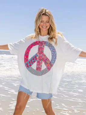 Oversized Cotton Applique Tee - Peace Sign White Fresh Comfort Style Casual Chic Look