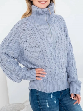 Oversized Cable-Knit Half-Zip Sweater In Slate Grey Comfort Stretch Relaxed Wearable