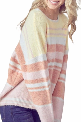 Cozy Knit Touch Cold Season Wear Oversized Striped Ribbed-Knit Sweater In Yellow/terracotta/pink