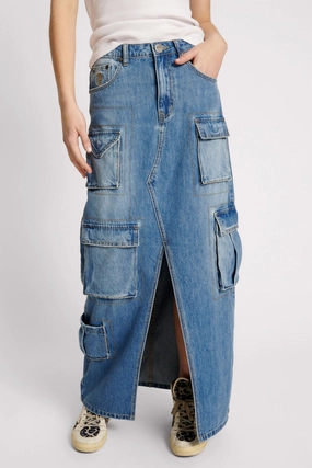Linen Cotton Mix smooth zipper Pacifica 90S Cargo Pocket Denim Skirt In Blue
