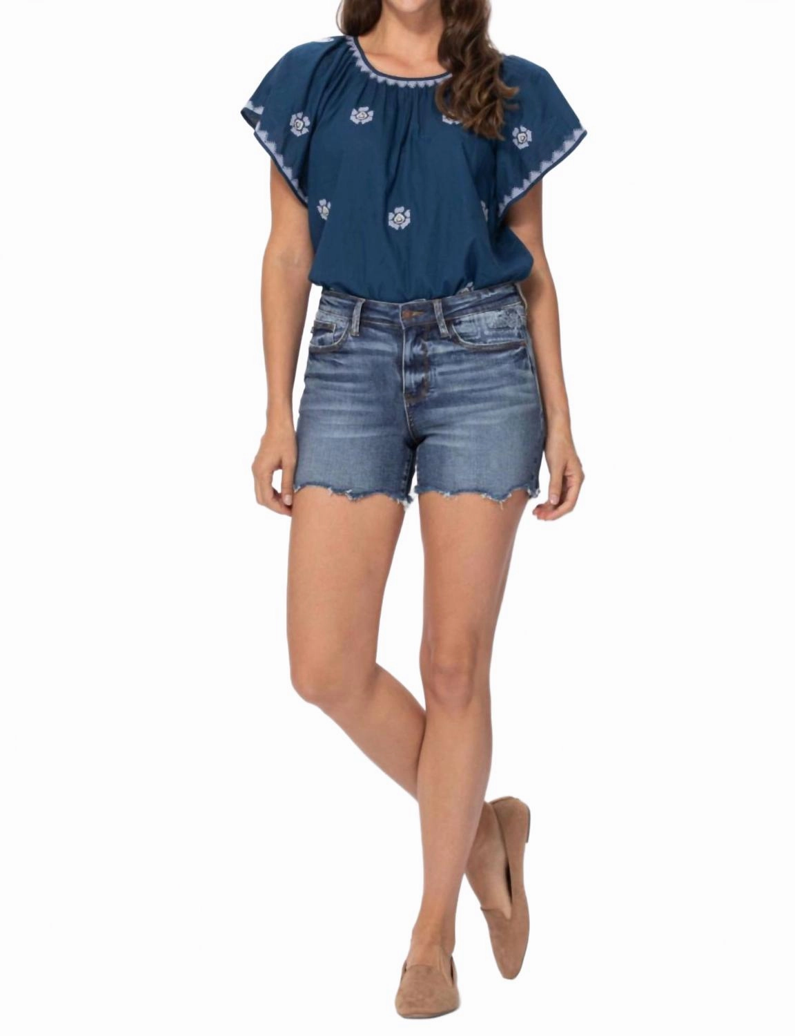 muted colors Paisley Bandana Printed Jean Shorts In Blue