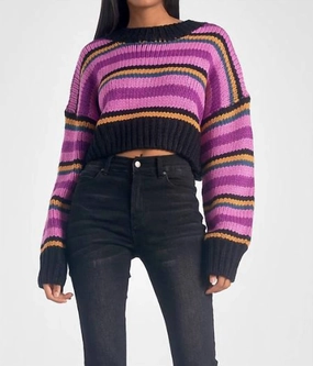 Vintage Wash Finish Pansy Stripe Long Sleeve Sweater In Purple