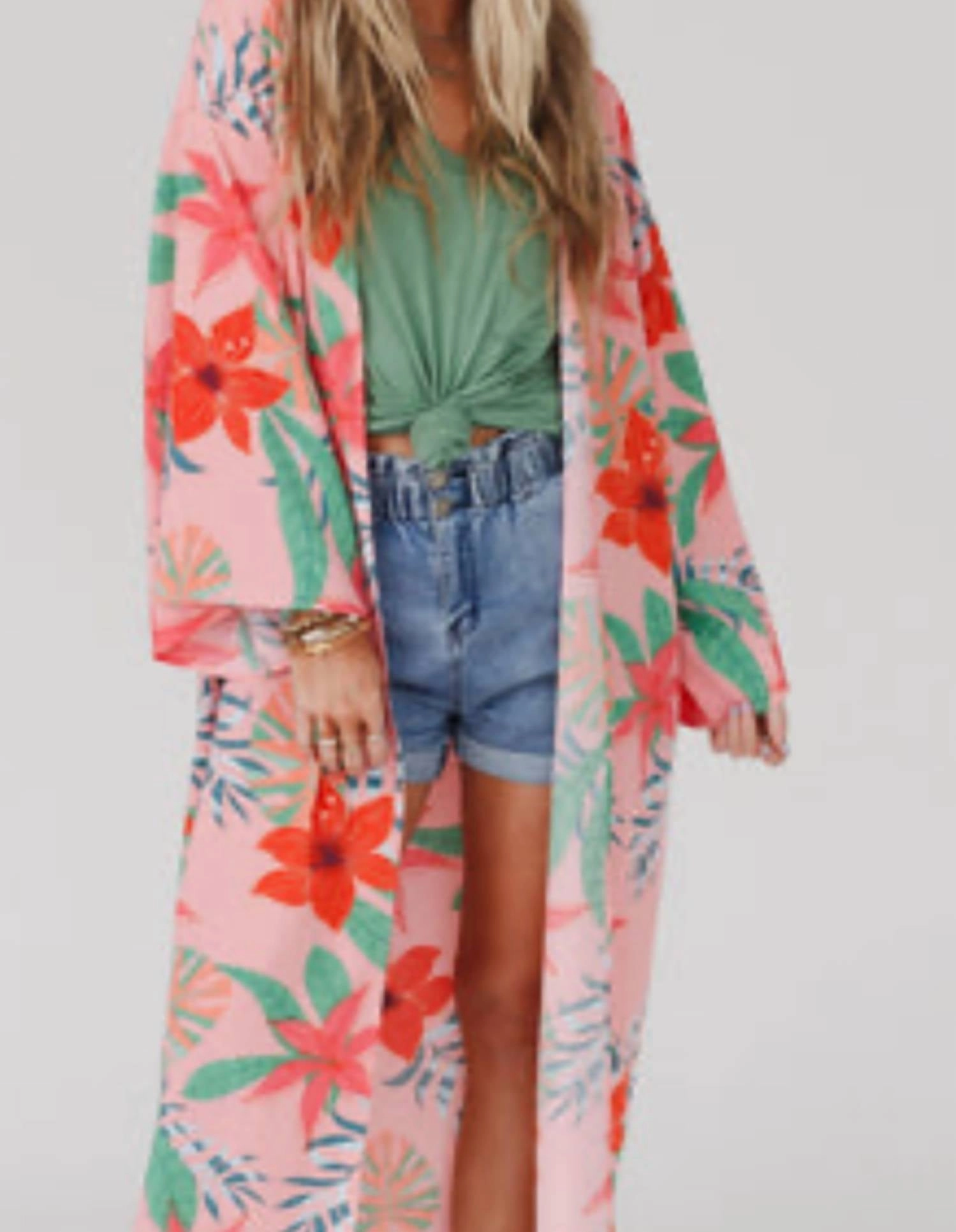 Chilly Layer Look Vintage Wash Finish Paradise Kimono In Pink