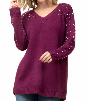 Pearl Embellished Sweater In Wine Effortless Knit Chilly Day Knitwear