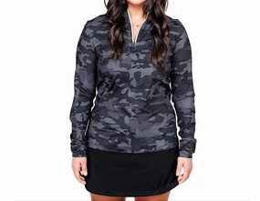 Women's Camo Q-Zip Pullover In Black Flexible Fabric Fast Drying