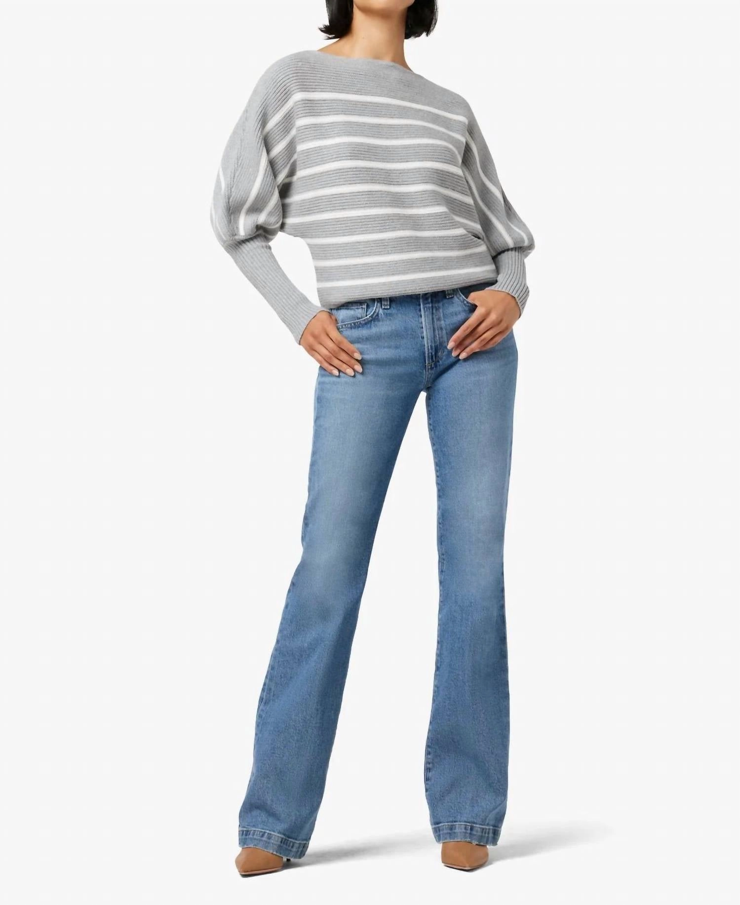 Karina Crew Neck Long Sleeve Sweater In Heather Grey/white Fine Gauge Knit