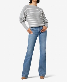 Karina Crew Neck Long Sleeve Sweater In Heather Grey/white Fine Gauge Knit