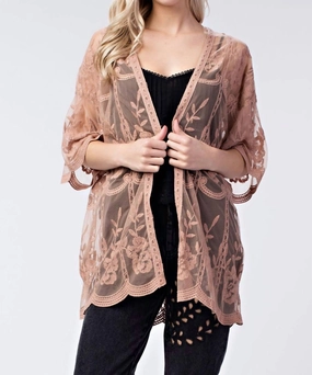 Breathable Mesh Panels Cold Day Look Milan Embroidered Lace Kimono In Mocha