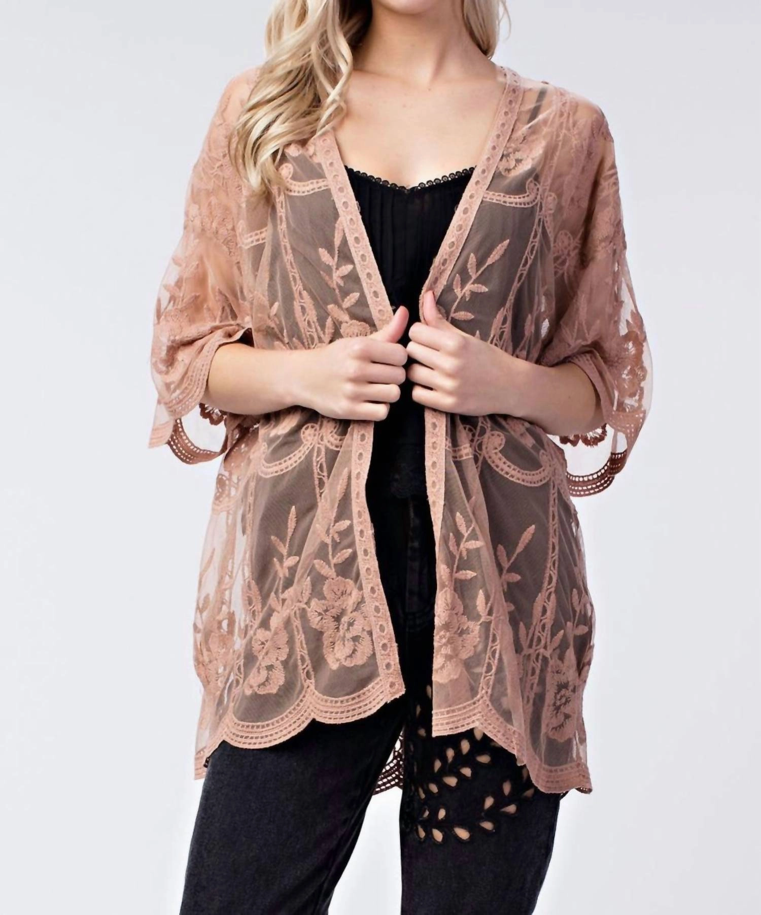 Breathable Mesh Panels Cold Day Look Milan Embroidered Lace Kimono In Mocha