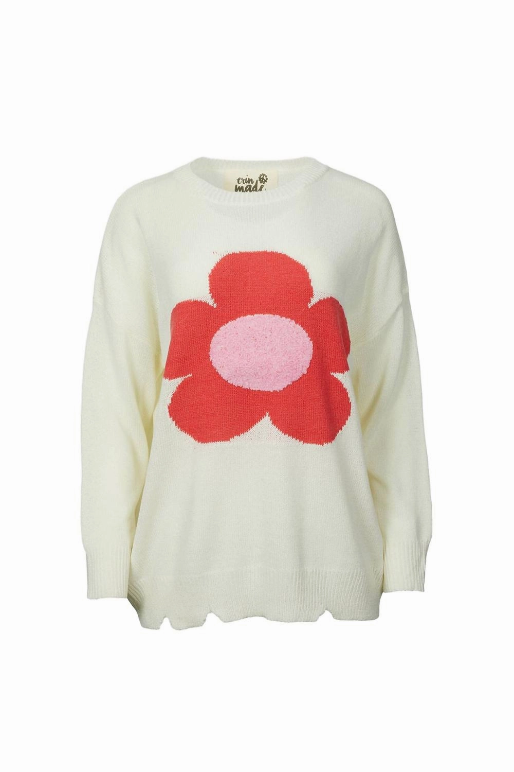 Textured Knit Petal Pullover In Red/ivory