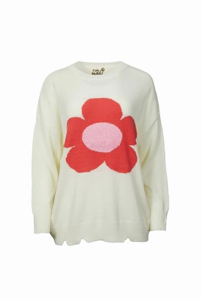 Textured Knit Petal Pullover In Red/ivory