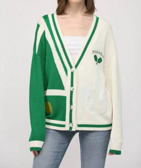 Pickle Ball Cardigan In Green, White Side Slit Design