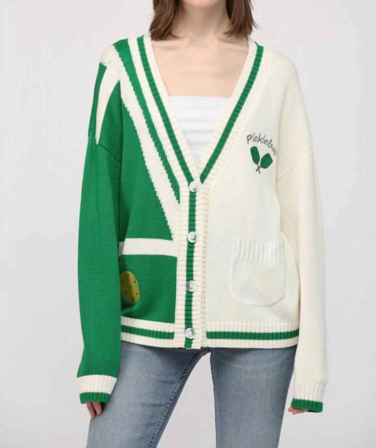 Eco Friendly Knitwear Layering Style Pickle Ball Cardigan In Green, White