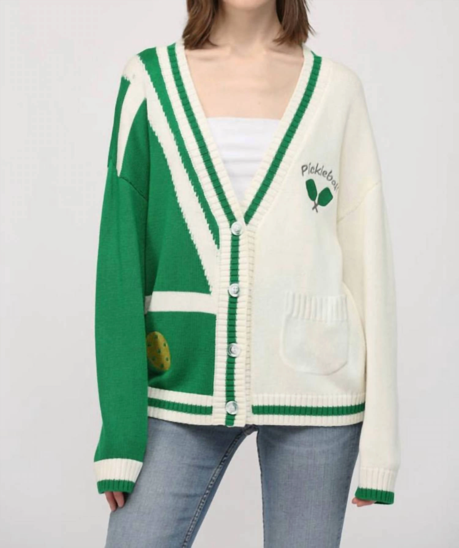 Pickle Ball Cardigan In Green, White Side Slit Design
