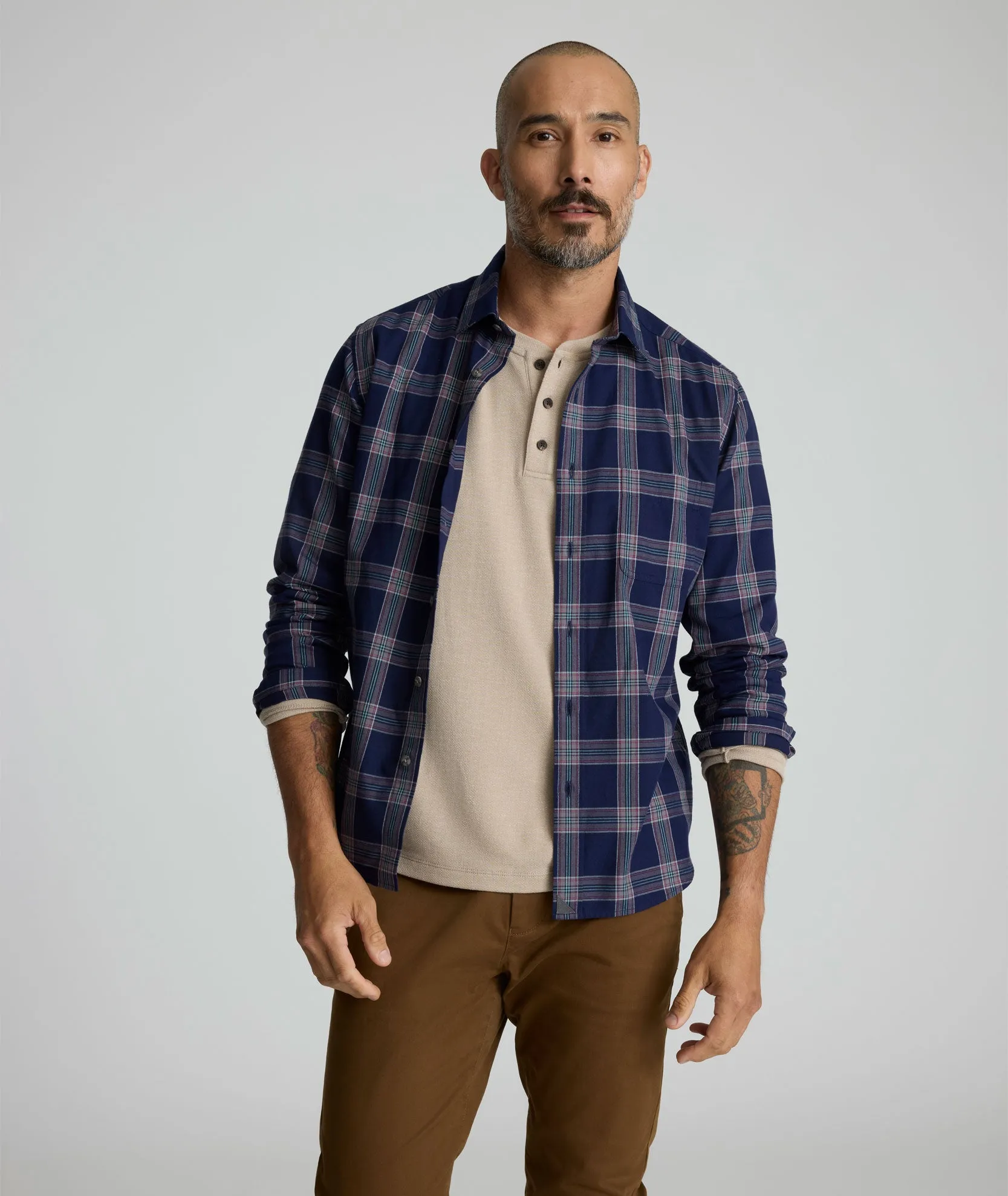 Flannel Gahard Shirt Roll-Up Sleeve Sheer Panel