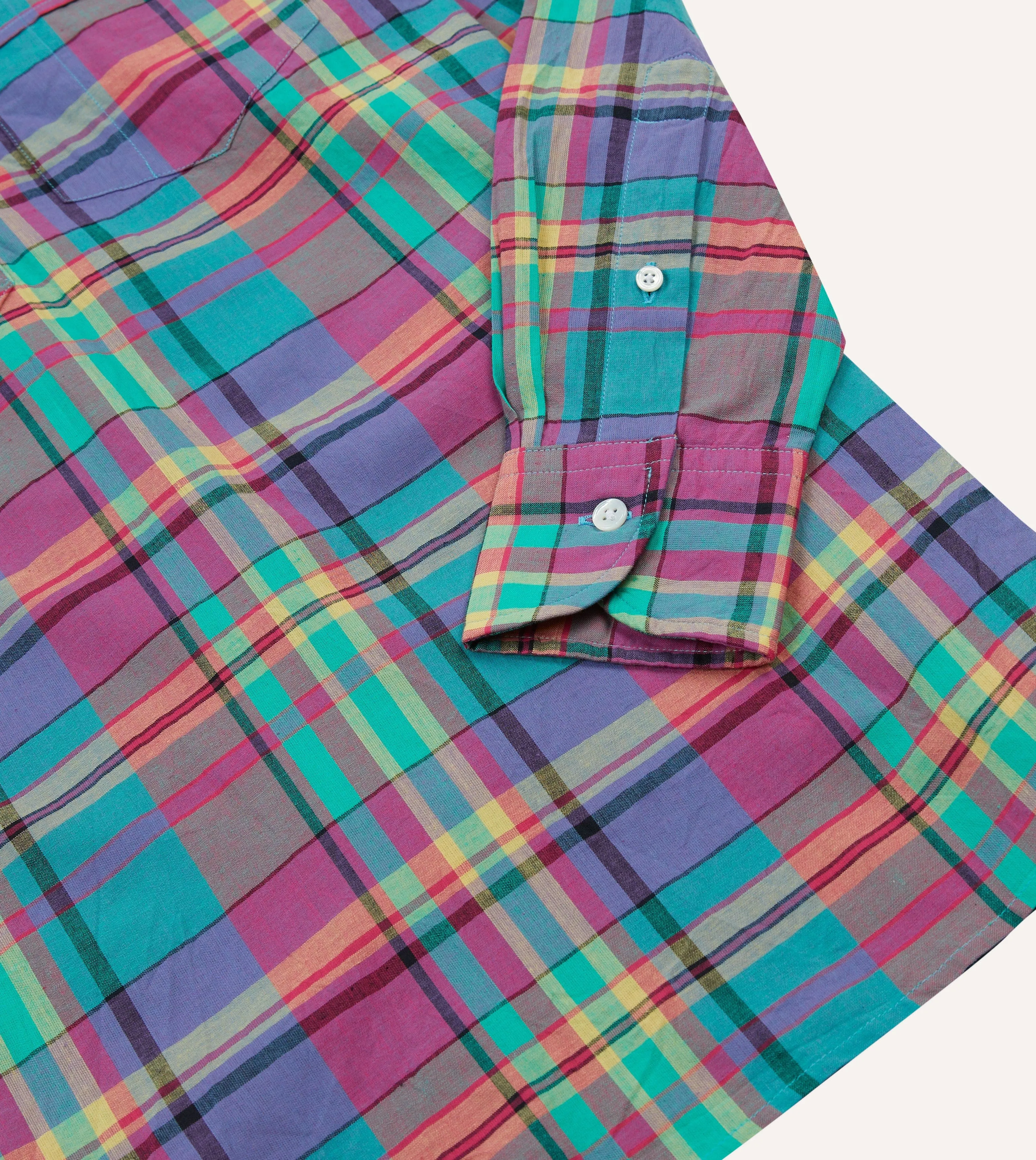 Pink and Blue Madras Check Cotton Button-Down Popover Shirt Perfect Fit