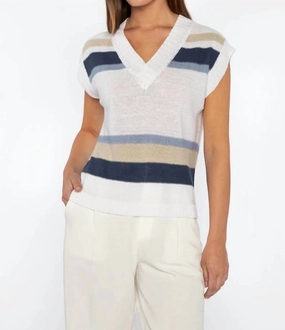 Stripe Sleeveless Vee In Indigo Multi Cozy Knit Style