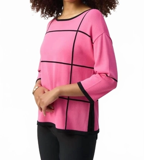 Ribbed Hem Chilly Weather Fashion Plaid Knit Pullover Sweater In Bubble Gum/b