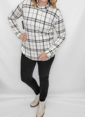 Fashionable Layering Temperature Regulating Fabric Plaid Layering Mock Neck Top In Black & Cream