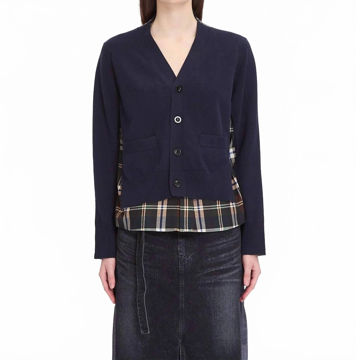 Plaid Print Cardigan In Green/brown Crew Neck Design