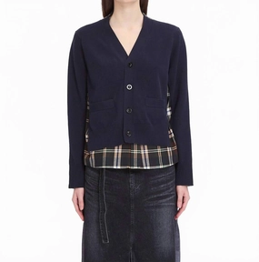 Plaid Print Cardigan In Green/brown Crew Neck Design