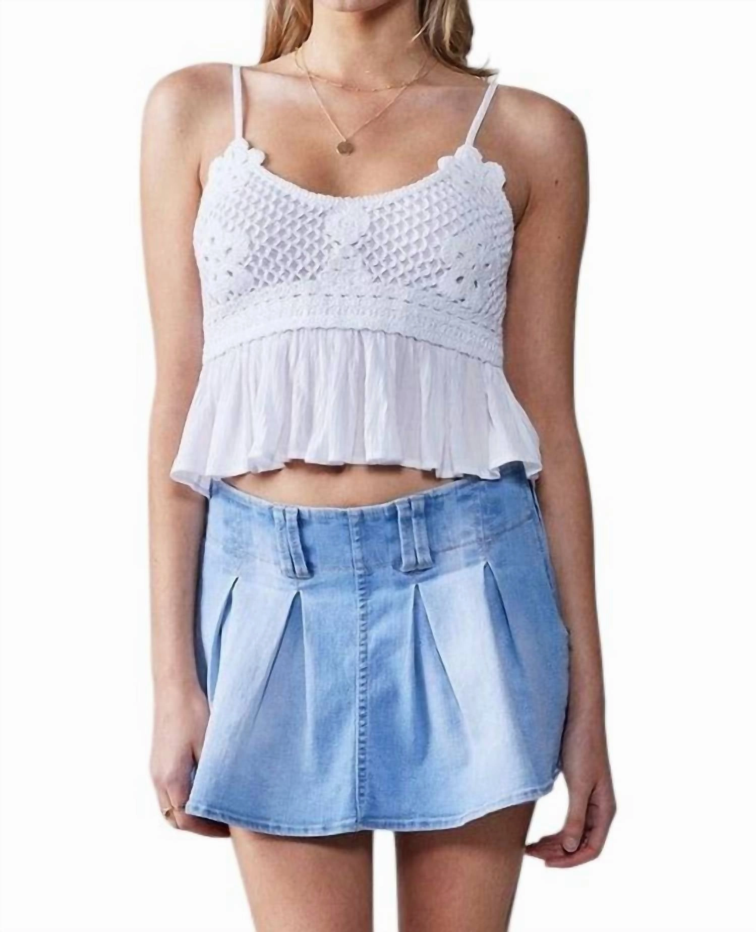 Stretchable Denim Pleated Mini Skort In Light Blue Moisture Wicking Material Adjustable drawstring