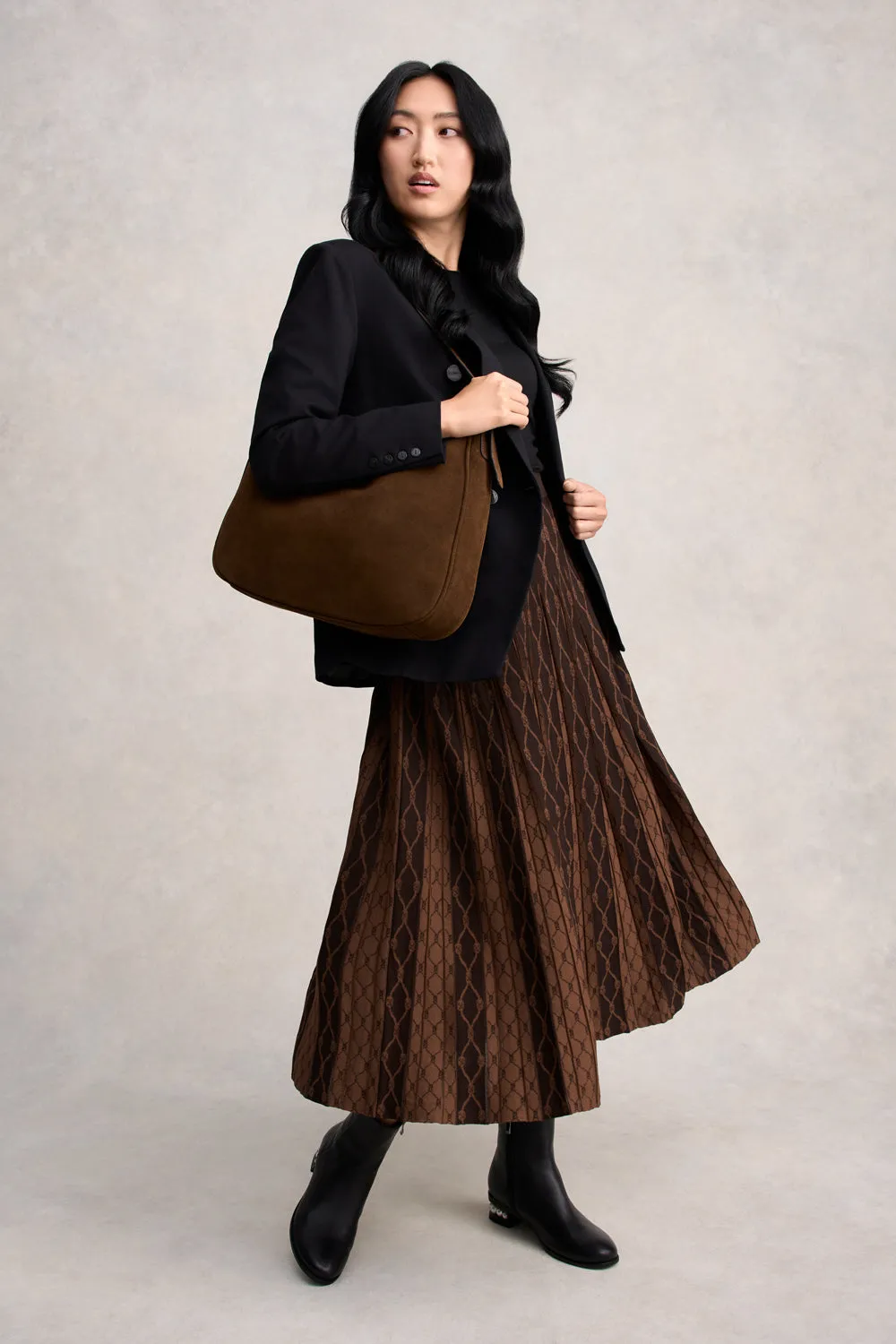 Hemp Blend Neutral Tones Pleated Knit Skirt - Chocolate & Camel