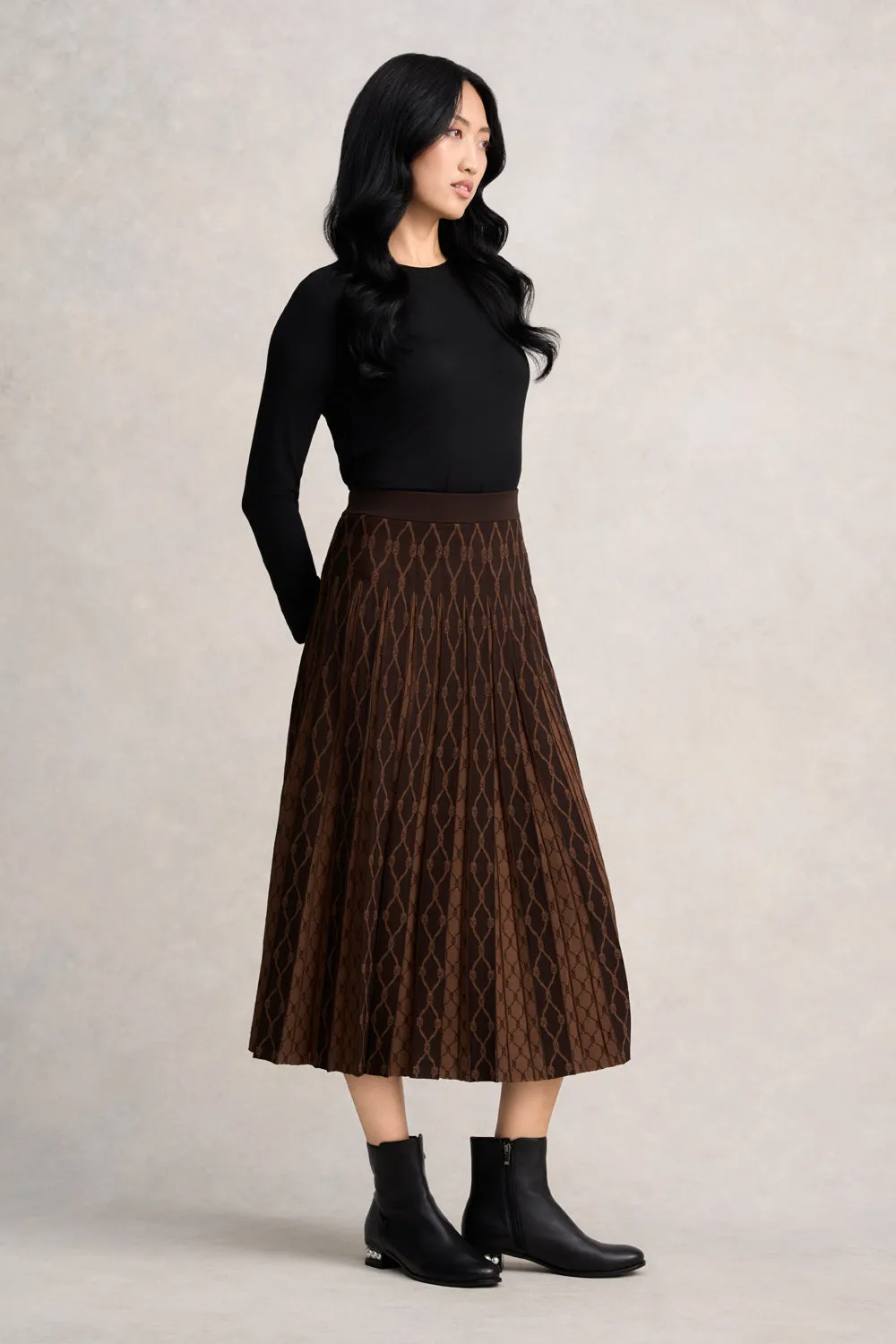 Heritage Brand Pleated Knit Skirt - Chocolate & Camel