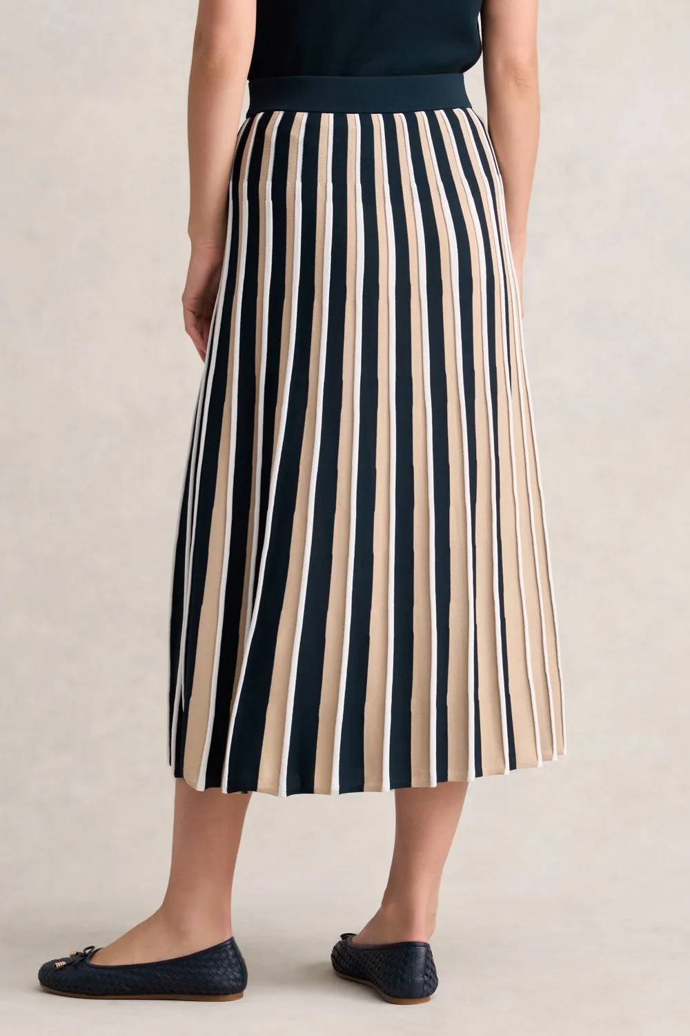 Pleated Knit Skirt - Deep Navy Stripe Soft Styling Contrast Stitching