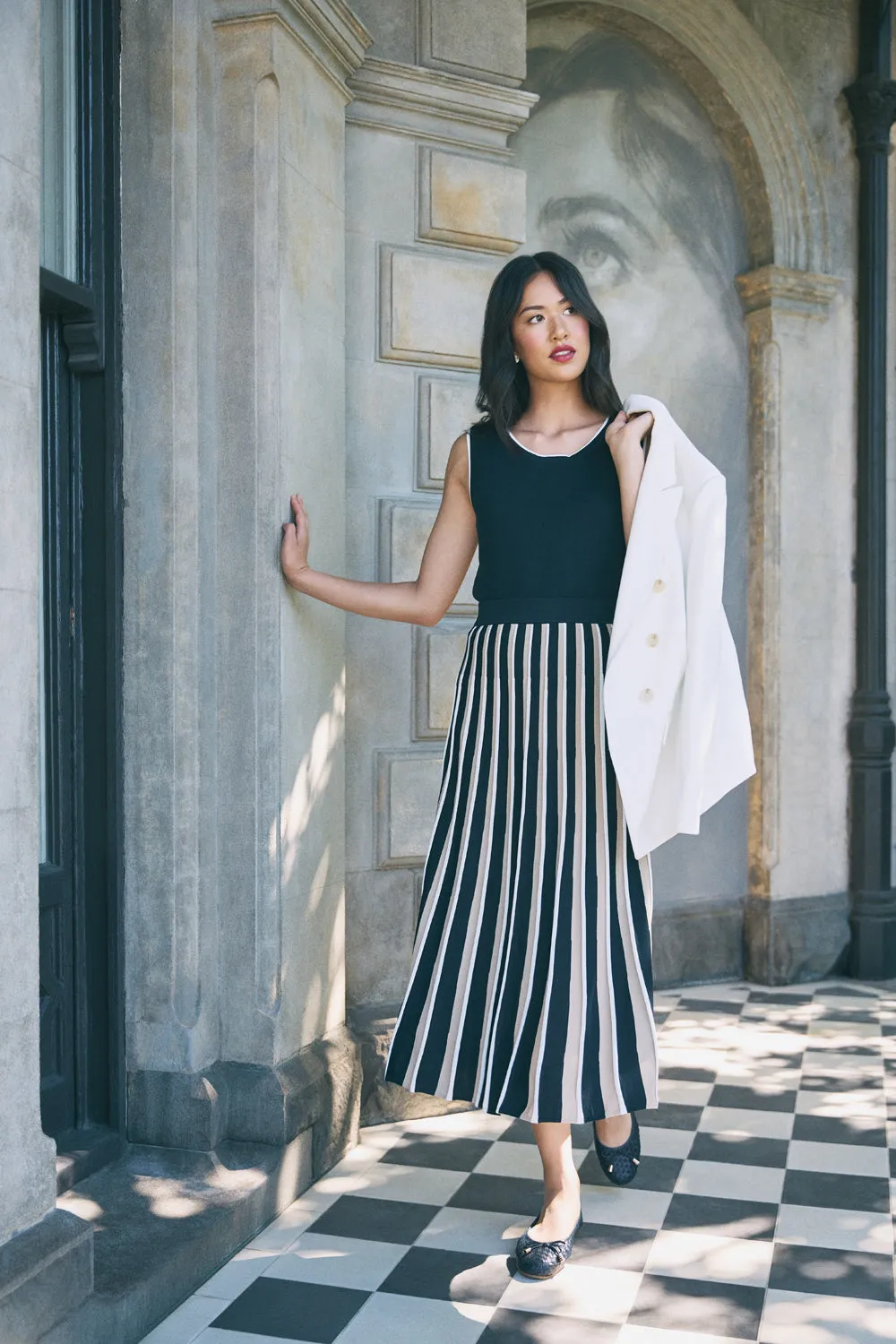 Family Celebration Pleated Knit Skirt - Deep Navy Stripe