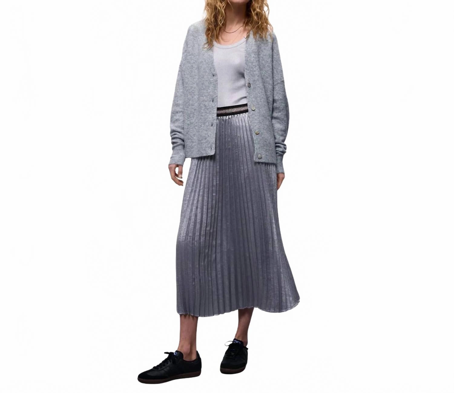 Refined Mood Everyday Line Pleated Lame Skirt In Mist