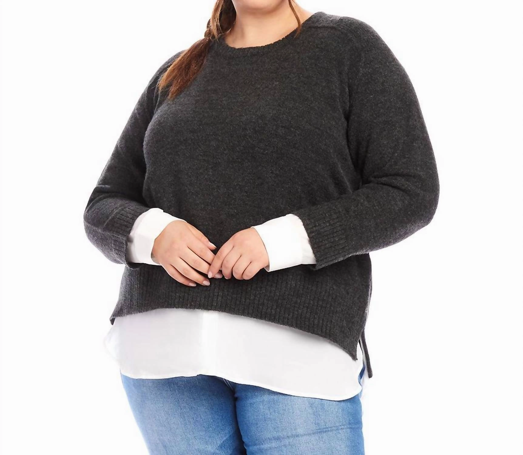 Plus Size Layered Crewneck Sweater In Charcoal Casual Comfort
