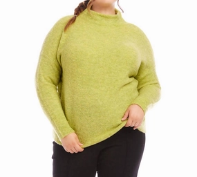 Tactile Grid Knit Plus Size Mock Neck Boucle Sweater In Moss
