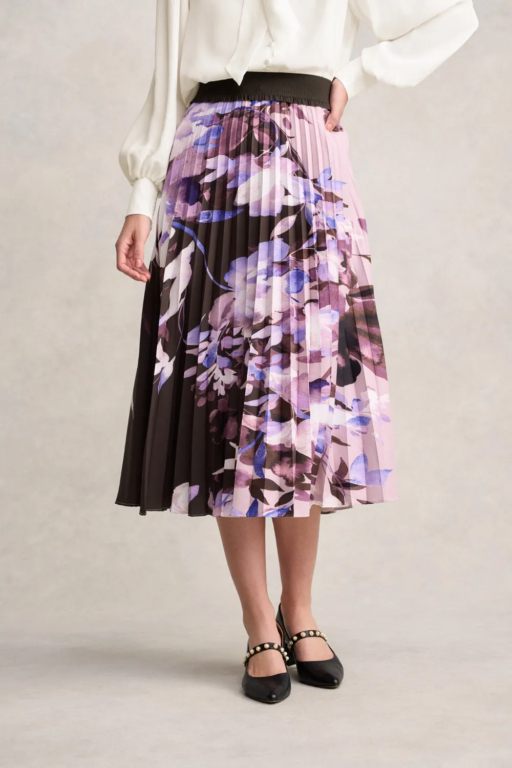 Pleated Midi Skirt - Floral Print Photography Session Craftsmanship Focus