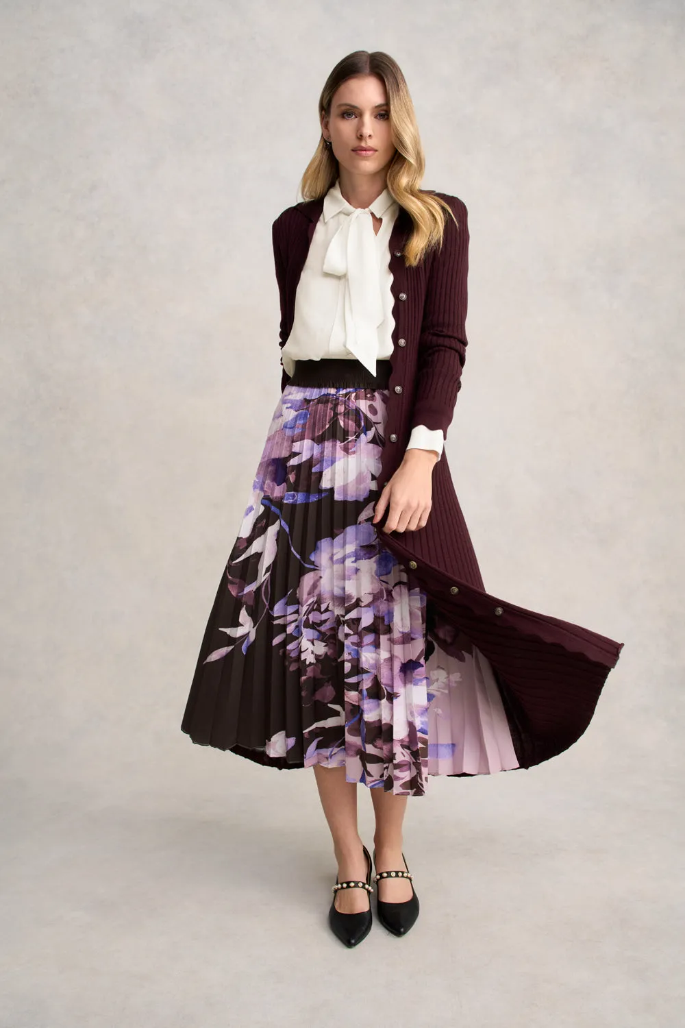 Pleated Midi Skirt - Floral Print Inverted Pleats Fashion Collab