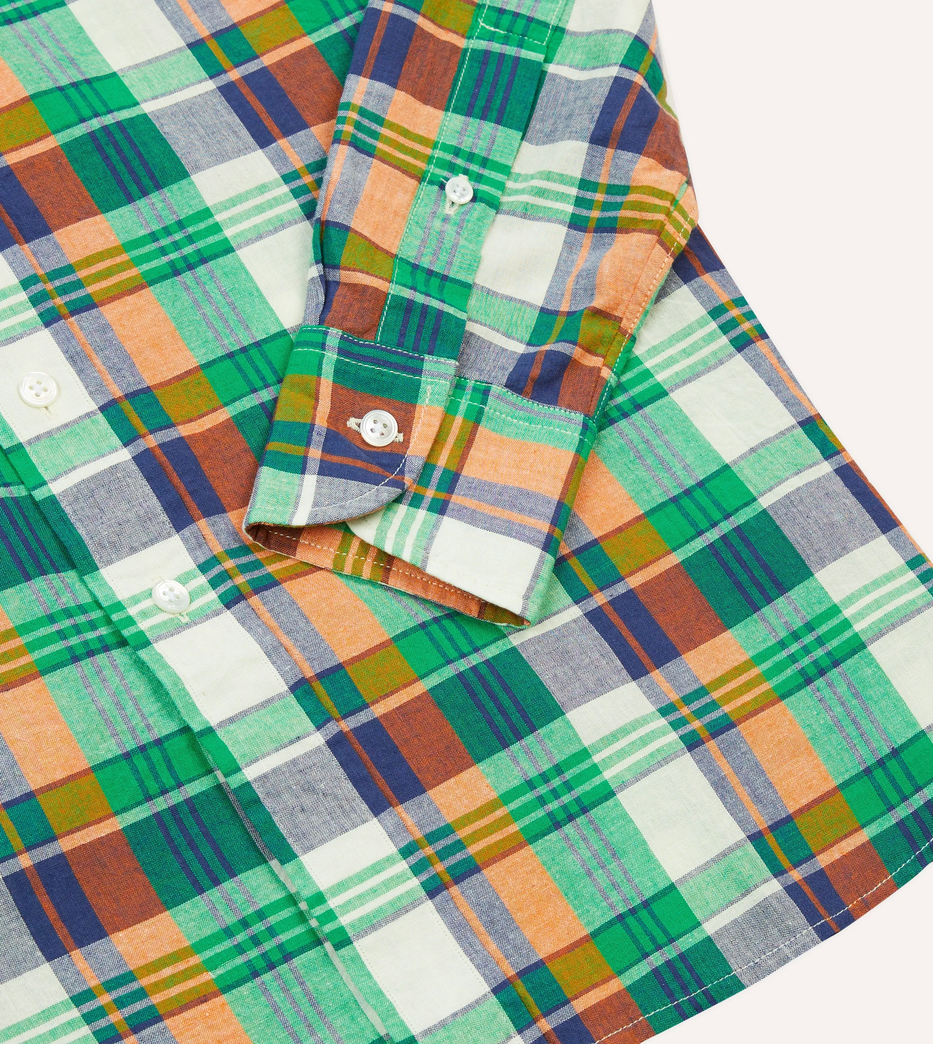 Green and Orange Madras Check Cotton Button-Down Shirt Anti Pilling Surface Ethical production