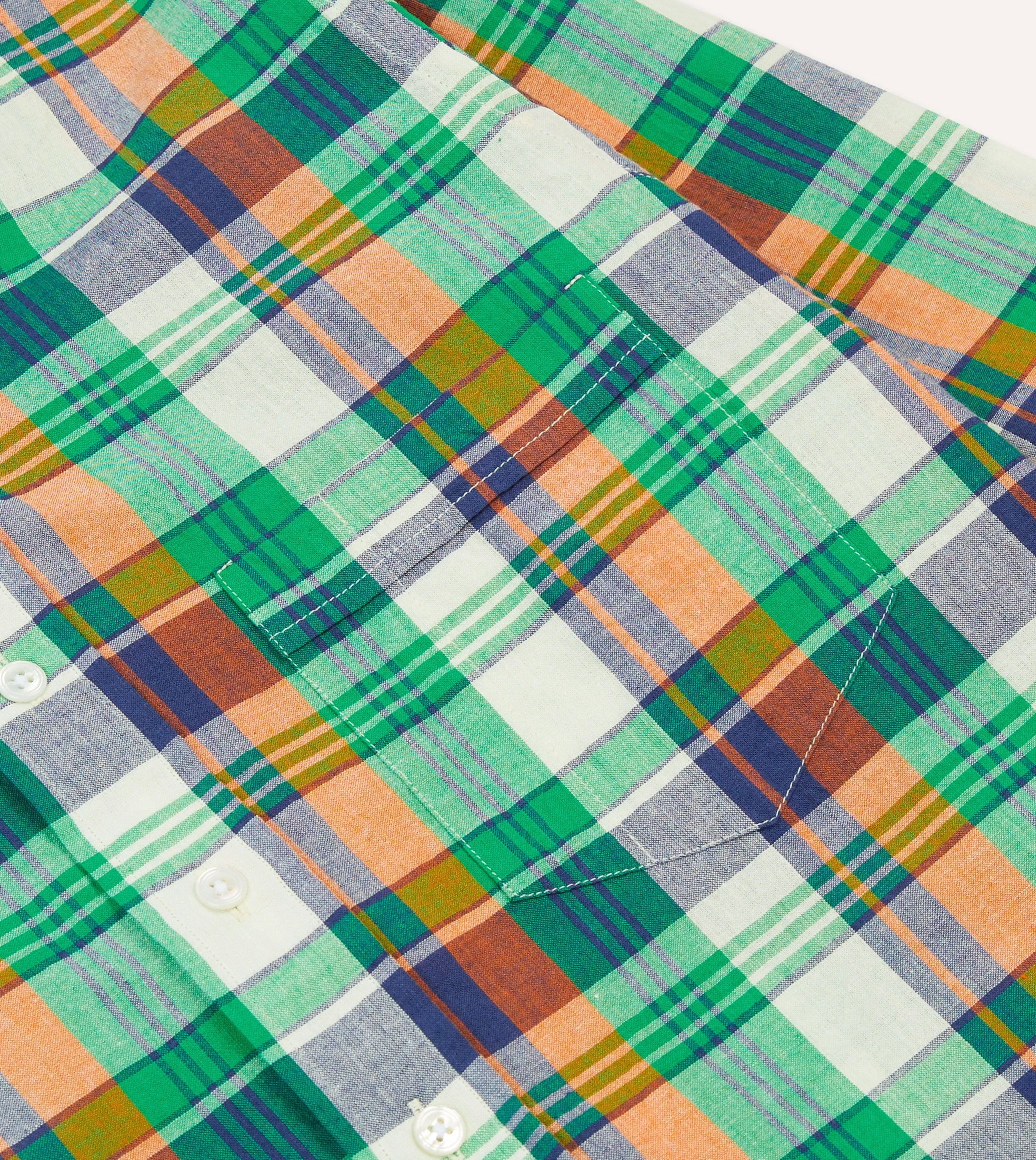 Tall Length Versatile Outfit Green and Orange Madras Check Cotton Button-Down Shirt