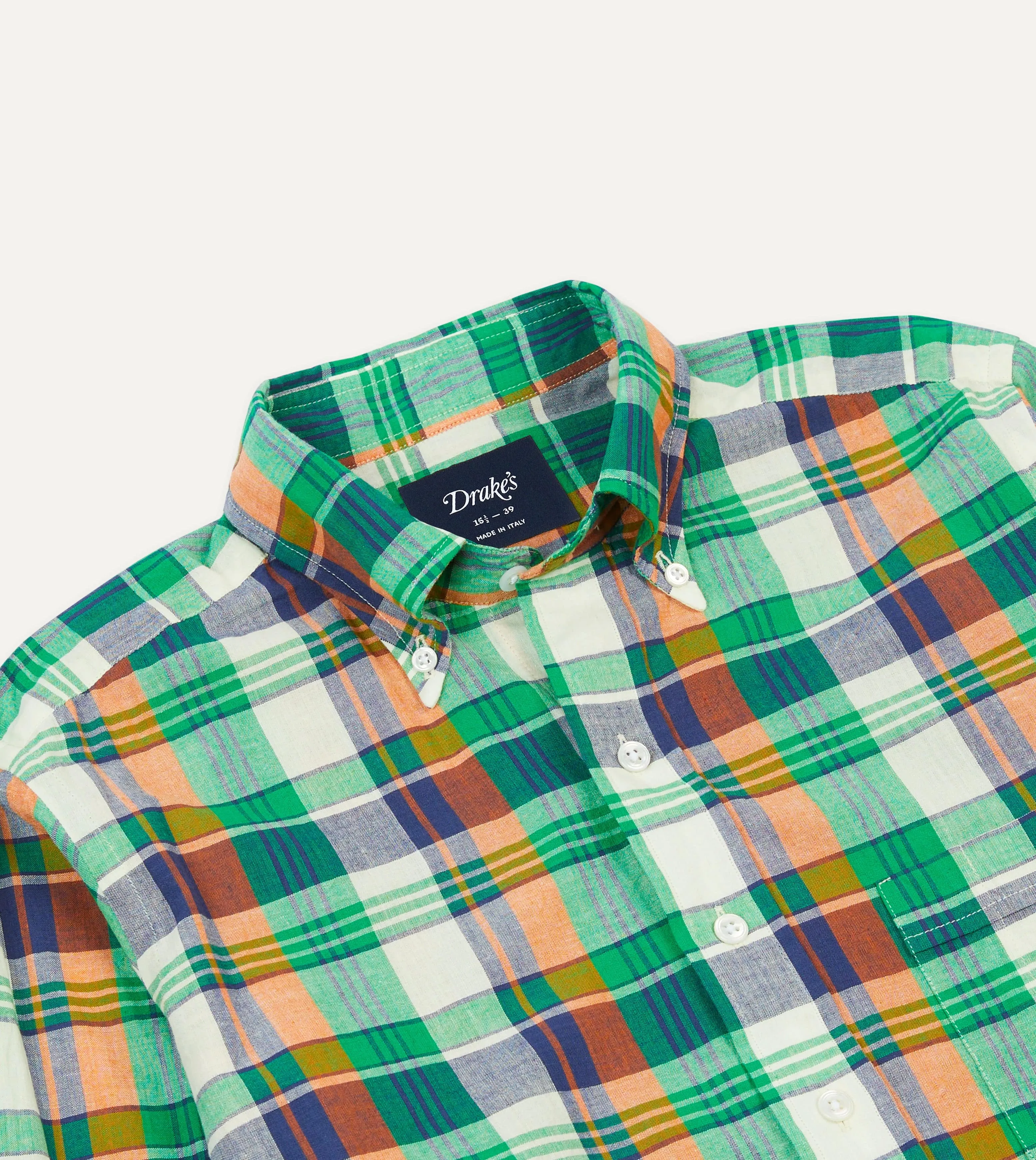 Green and Orange Madras Check Cotton Button-Down Shirt Smooth Seam Finish Summer Outfit