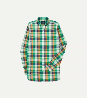Trendy Pattern Short Sleeve Green and Orange Madras Check Cotton Button-Down Shirt