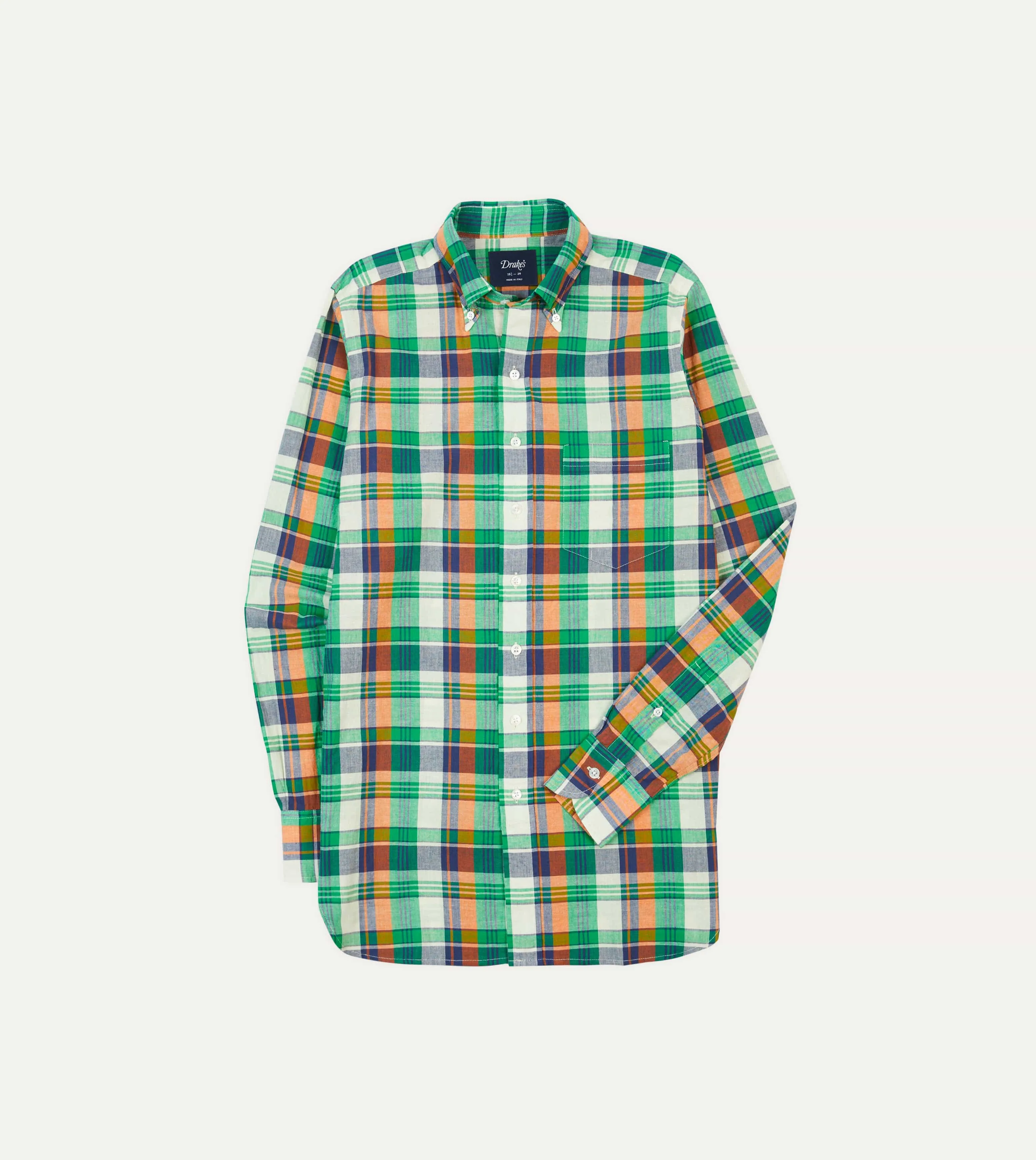 Trendy Pattern Short Sleeve Green and Orange Madras Check Cotton Button-Down Shirt