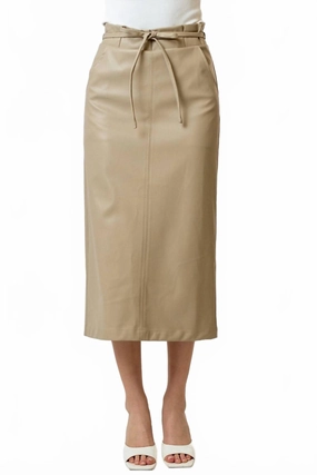 Performance Wear City Ready Polyurethane Leather Waist Tie Midi Skirt In Taupe