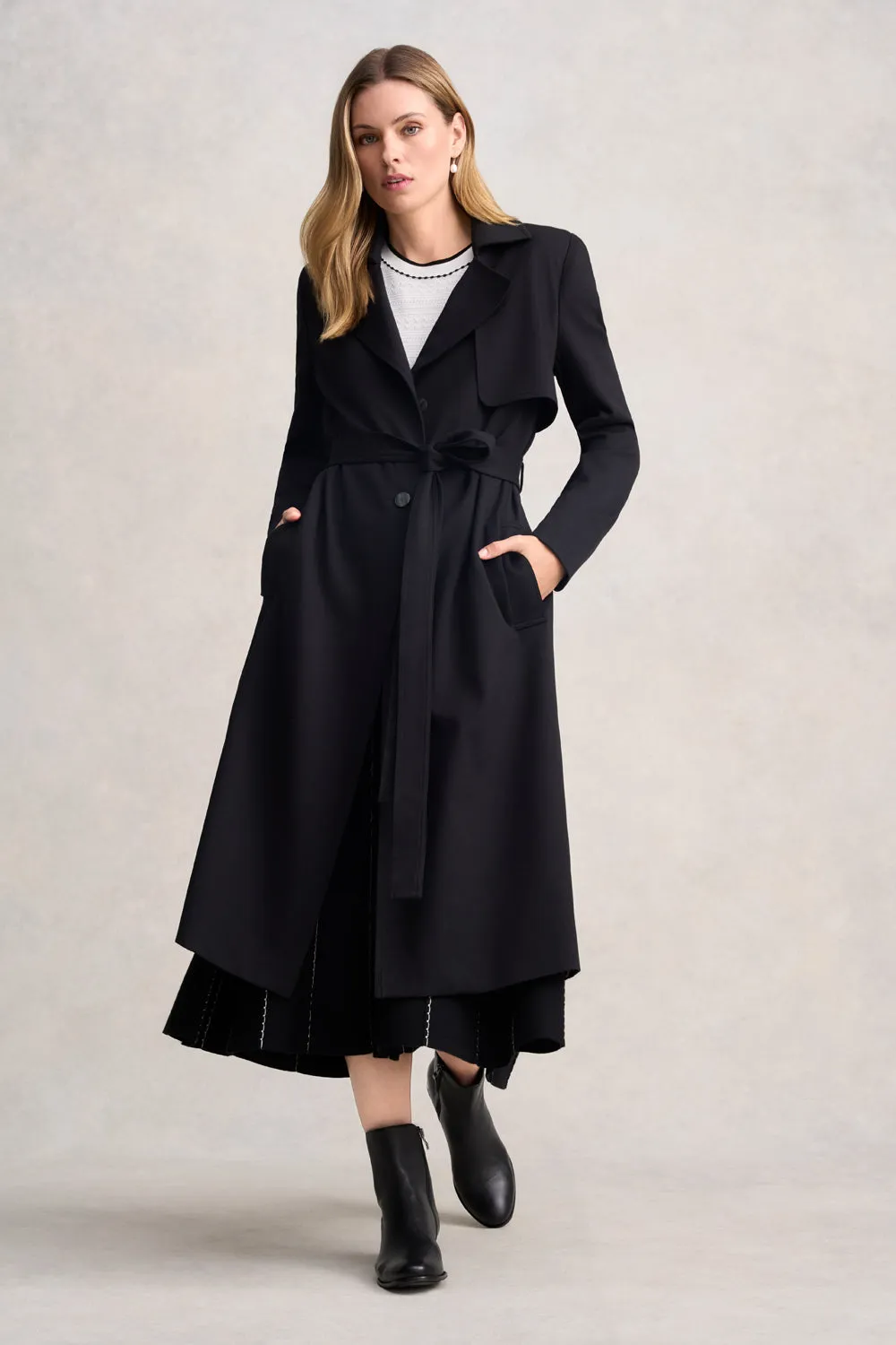 Laser Cut Airflow Vents Ponte Trench Coat - Black