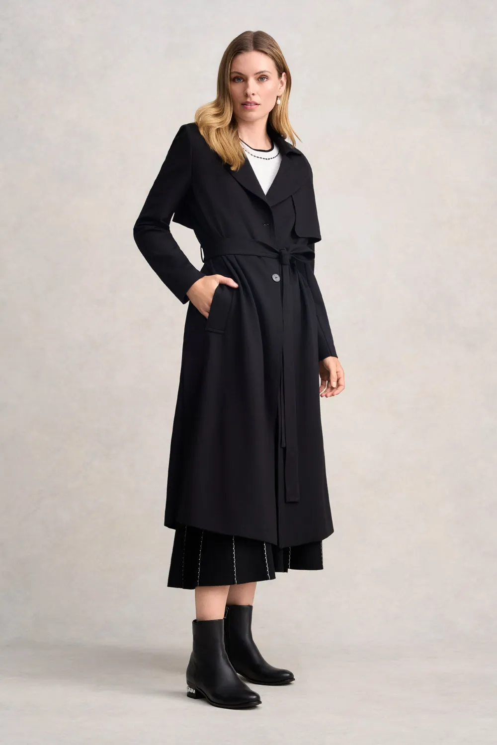 Ponte Trench Coat - Black Full Length Zipper Closure